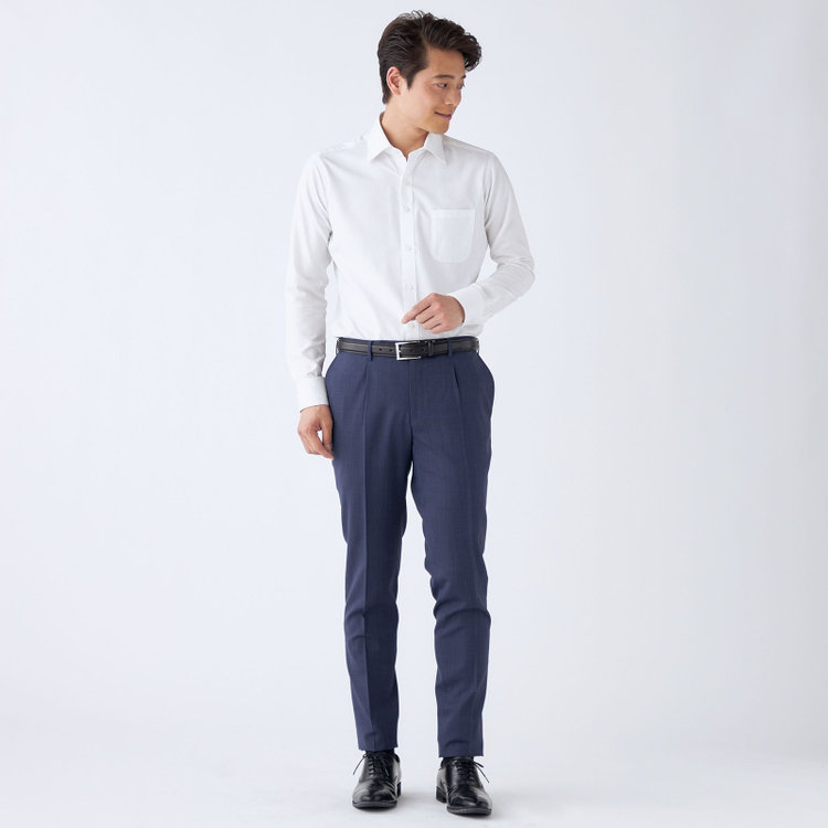 SUIT SELECT　アウトレット 【WEB限定/OUTLET/汚れ・キズ等有】【CLASSICO TAPERED】【春夏】ウール 1タックテーパードパンツ/ネイビー×ソリッド/ウエストムーブ/ウォッシャブル/※裾上げ必要 紺淡色