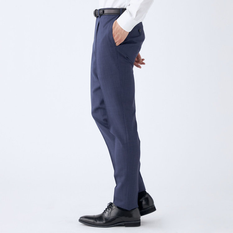 SUIT SELECT　アウトレット 【WEB限定/OUTLET/汚れ・キズ等有】【CLASSICO TAPERED】【春夏】ウール 1タックテーパードパンツ/ネイビー×ソリッド/ウエストムーブ/ウォッシャブル/※裾上げ必要 紺淡色