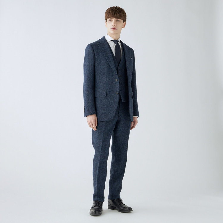 シルバーライン 【CLASSICO TAPERED】【秋冬】ウールテーパードパンツ 2タック/ネイビー×チェック+ツイード/Harris Tweed hand woven in the outer hebrides of scotland/※裾上げ必要 青中間