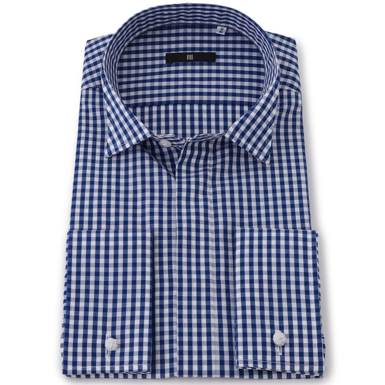 ブラックライン 【BLACK LINE】ウイングカラードレスワイシャツ/ブルー＆ホワイト×チェック+ダブルカフス(ゴムカフス付) 青中間