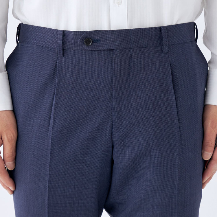 SUIT SELECT　アウトレット 【WEB限定/OUTLET/汚れ・キズ等有】【CLASSICO TAPERED】【春夏】ウール 1タックテーパードパンツ/ネイビー×ソリッド/ウエストムーブ/ウォッシャブル/※裾上げ必要 紺淡色