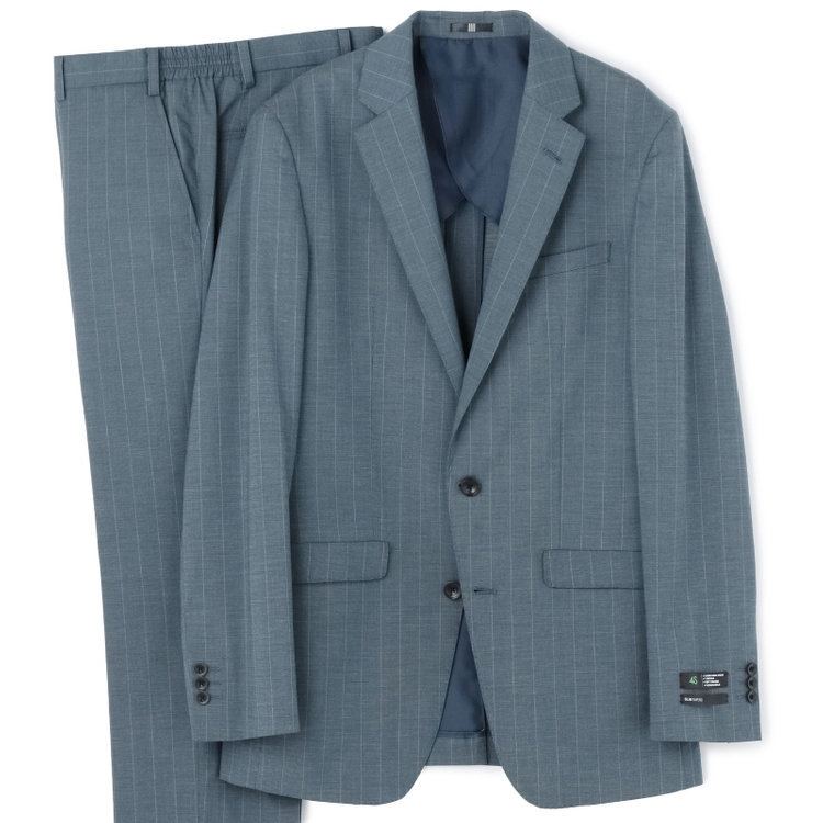 ブラックライン 【SLIM TAPERED_2】【春夏】2釦シングルスーツ 0タック/ブルー×ストライプ/ウエストシャーリング/4S SUSTAINABILITY&ECOLOGY FABRIC/ウォッシャブル/※パンツ裾上げ済仕様 緑中間