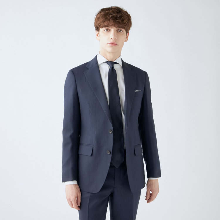 シルバーライン 【発送在庫あり】【CLASSICO TAPERED】【秋冬】2釦シングルスーツ 1タック/ネイビー×ストライプ/super extra fine merino wool Raymond/※裾上げ必要 紺中間