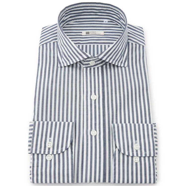 シルバーライン 【RBC】ワイドカラーシャツ/ネイビー＆ホワイト×ストライプ 青濃色