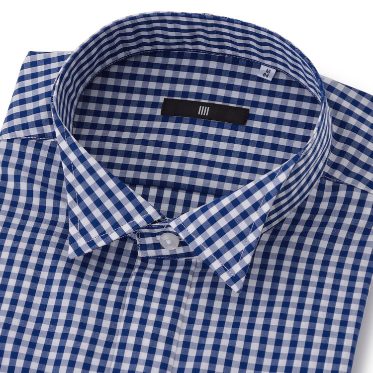 ブラックライン 【BLACK LINE】ウイングカラードレスワイシャツ/ブルー＆ホワイト×チェック+ダブルカフス(ゴムカフス付) 青中間