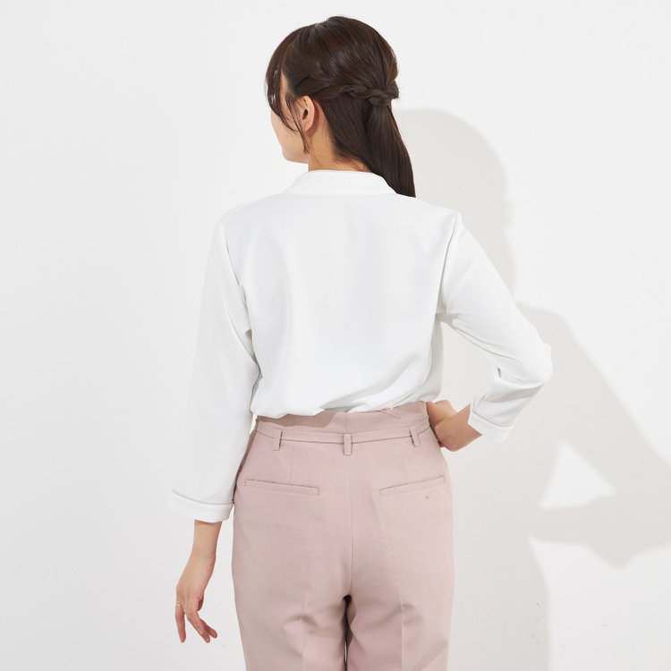 シルバーライン 【SILVER LINE/7分袖】配色ボウタイプルオーバー/ホワイト+ベージュ/「ウォッシャブル」「ストレッチ」「防シワ」「UV加工」「静電気防止」 白