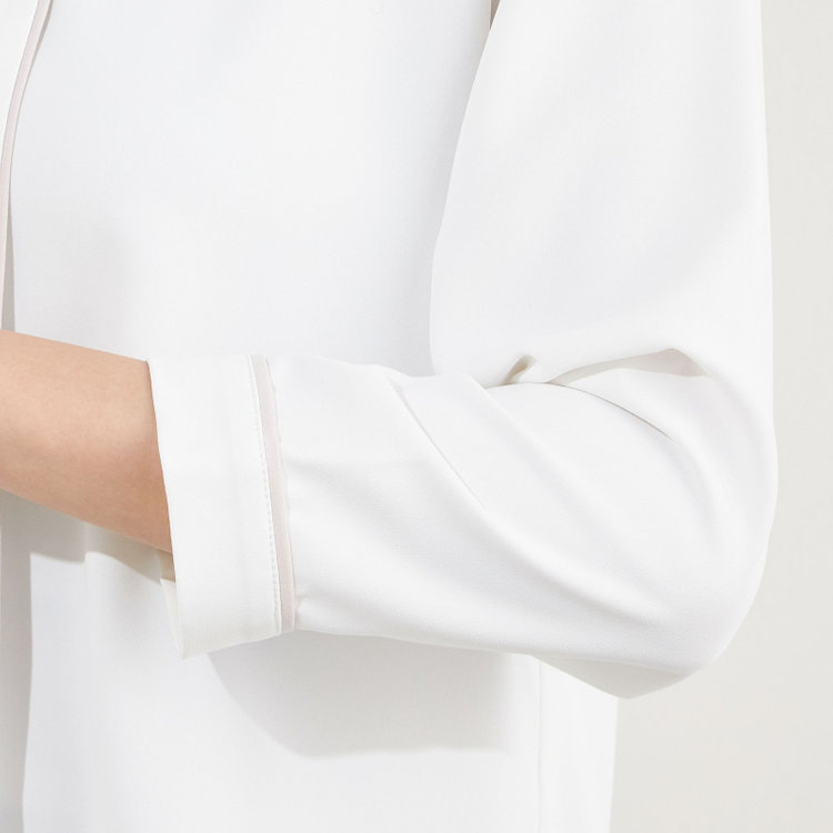 シルバーライン 【SILVER LINE/7分袖】配色ボウタイプルオーバー/ホワイト+ベージュ/「ウォッシャブル」「ストレッチ」「防シワ」「UV加工」「静電気防止」 白