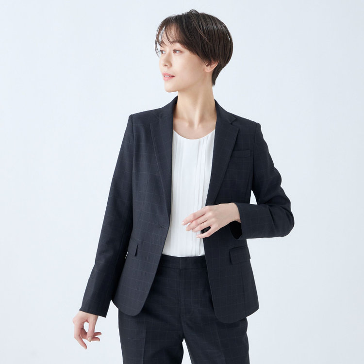 シルバーライン 【SL】【年間】1釦シングル 2Way スカート&パンツスーツ/ネイビー×チェック/ウエストシャーリング仕様/ウォッシャブル/※パンツ裾上げ済仕様 紺中間