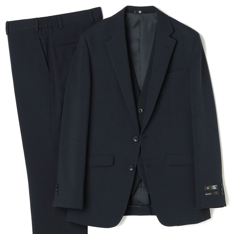 【SLIM TAPERED_2】【春夏】2釦シングルスリーピーススーツ 0タック/ネイビー×チェック/ウエストシャーリング/4S SUSTAINABILITY&ECOLOGY FABRIC/※パンツ裾上げ済仕様
