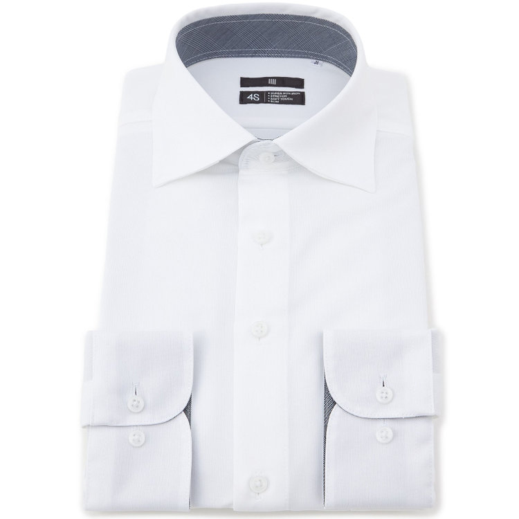 ブラックライン 【発送在庫あり】【WEB限定】【BLACK LINE】ワイドカラーワイシャツ/ホワイト/襟袖裏別：グレー×グレンチェック/「4S」スーパーノンアイロン・ストレッチ 白