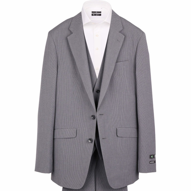 スーツセレクト 【発送在庫あり】【SLIM TAPERED_2】【春夏】2釦シングルスリーピーススーツ 0タック/グレー×ハウンドトゥース/4S SUSTAINABILITY&ECOLOGY FABRIC/※パンツ裾上げ済仕様 グレー系(灰)