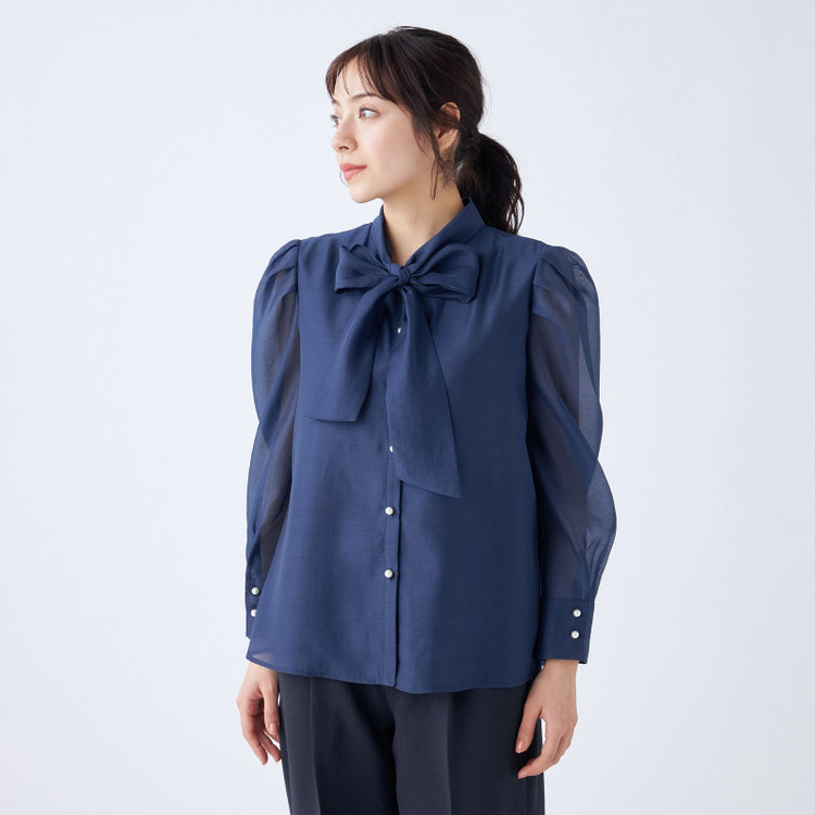 スーツセレクト 【Lady Like BLOUSE】【長袖】ボウタイブラウス/ネイビー 紺中間