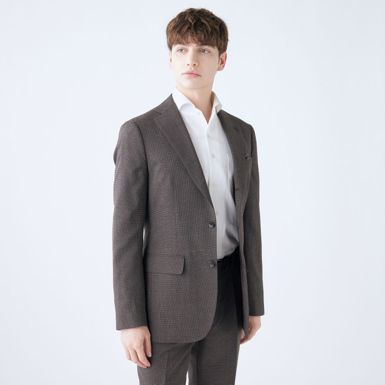 シルバーライン 【CLASSICO TAPERED】【春夏】3釦段返りシングルスーツ 2タック/ブラウン×ハウンドトゥース/ウエストムーブ/NEW ZEALAND WOOL MIX/※裾上げ必要 茶中間