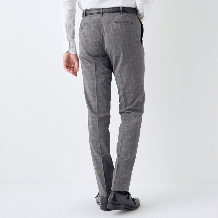 ブラックライン 【SLIM TAPERED】【春夏】0タックテーパードパンツ/グレー×チェック/ウエストムーブ/ウォッシャブル/4S SUSTAINABILITY&ECOLOGY FABRIC/※裾上げ必要 グレー中間
