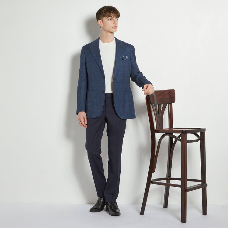 シルバーライン 【CLASSICO TAPERED】【春夏】ウールリネン2釦シングルジャケット/ネイビー/パッチポケット/MARZOTTO 青中間