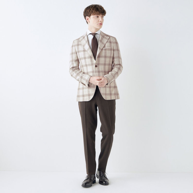 シルバーライン 【CLASSICO TAPERED】【春夏】リネンウールワイドラペル3釦段返りジャケット/ベージュ＆ブラウン×チェック/DRAGO lanificio in billa fabric made in italy 茶淡色