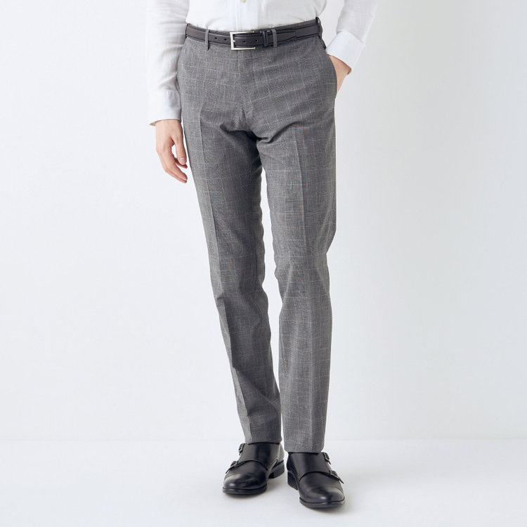 ブラックライン 【SLIM TAPERED】【春夏】0タックテーパードパンツ/グレー×チェック/ウエストムーブ/ウォッシャブル/4S SUSTAINABILITY&ECOLOGY FABRIC/※裾上げ必要 グレー中間