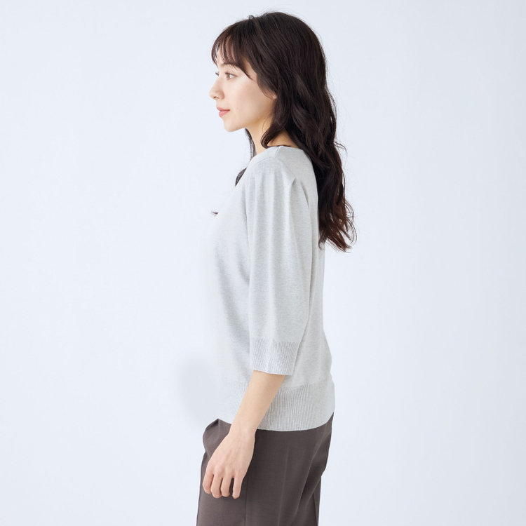 シルバーライン 【SILVER LINE/５分袖】ラメ天竺編みボートネックニット/グレー×ホワイトシルバー グレー淡色