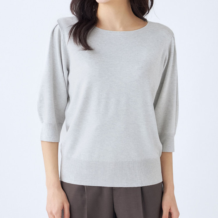 シルバーライン 【SILVER LINE/５分袖】ラメ天竺編みボートネックニット/グレー×ホワイトシルバー グレー淡色