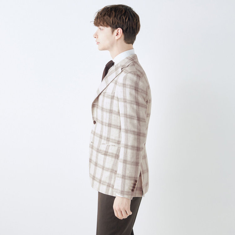 シルバーライン 【CLASSICO TAPERED】【春夏】リネンウールワイドラペル3釦段返りジャケット/ベージュ＆ブラウン×チェック/DRAGO lanificio in billa fabric made in italy 茶淡色