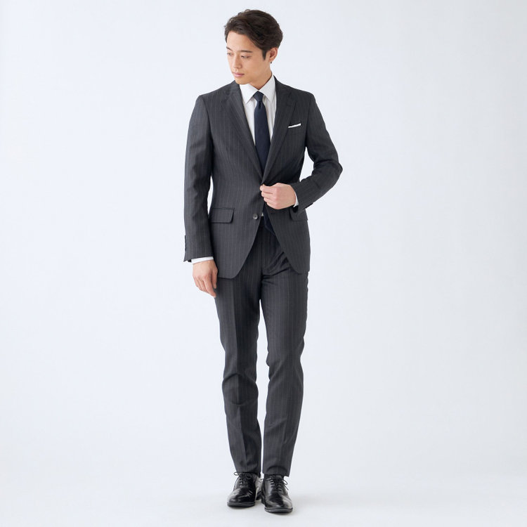 シルバーライン 【発送在庫あり】【CLASSICO TAPERED】【秋冬】2釦シングルスーツ 1タック/グレー×ストライプ/CANONICO 1663 fabric made in italy/※裾上げ必要 グレー中間