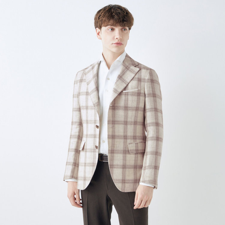 シルバーライン 【CLASSICO TAPERED】【春夏】リネンウールワイドラペル3釦段返りジャケット/ベージュ＆ブラウン×チェック/DRAGO lanificio in billa fabric made in italy 茶淡色