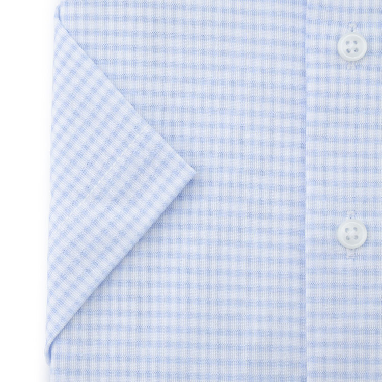 スーツセレクト 【発送在庫あり】【BLACK LINE/半袖】ボタンダウンワイシャツ/ブルー&ホワイト×チェック/「4S」スーパーノンアイロン・ストレッチ 青中間