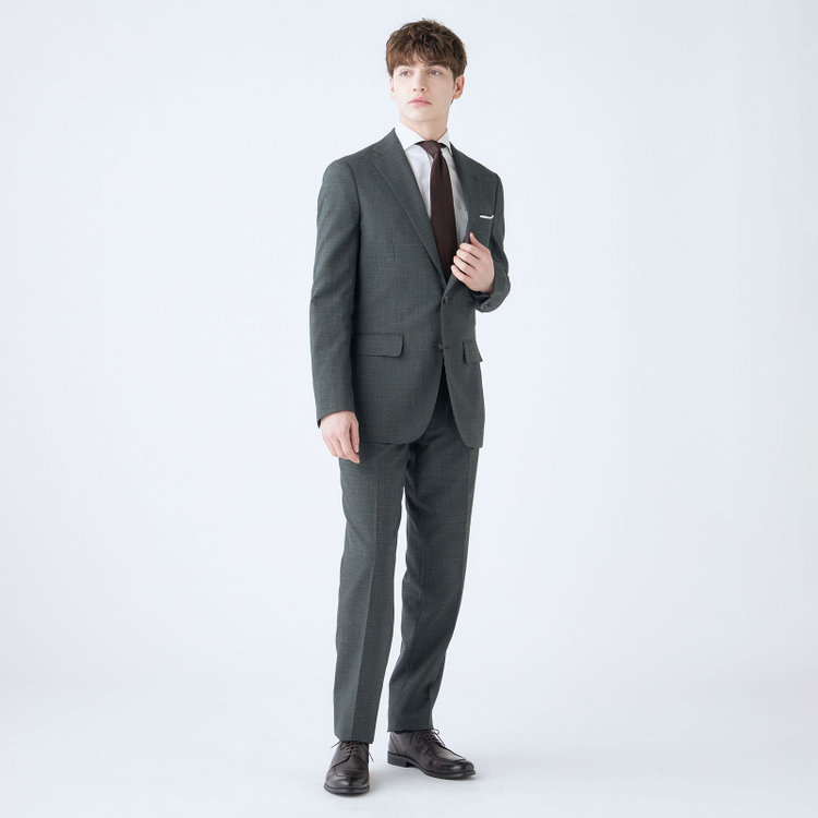 シルバーライン 【CLASSICO TAPERED】【春夏】3釦段返りシングルスーツ 2タック/カーキ×ハウンドトゥース/ウエストムーブ/NEW ZEALAND WOOL MIX/※裾上げ必要 黄淡色
