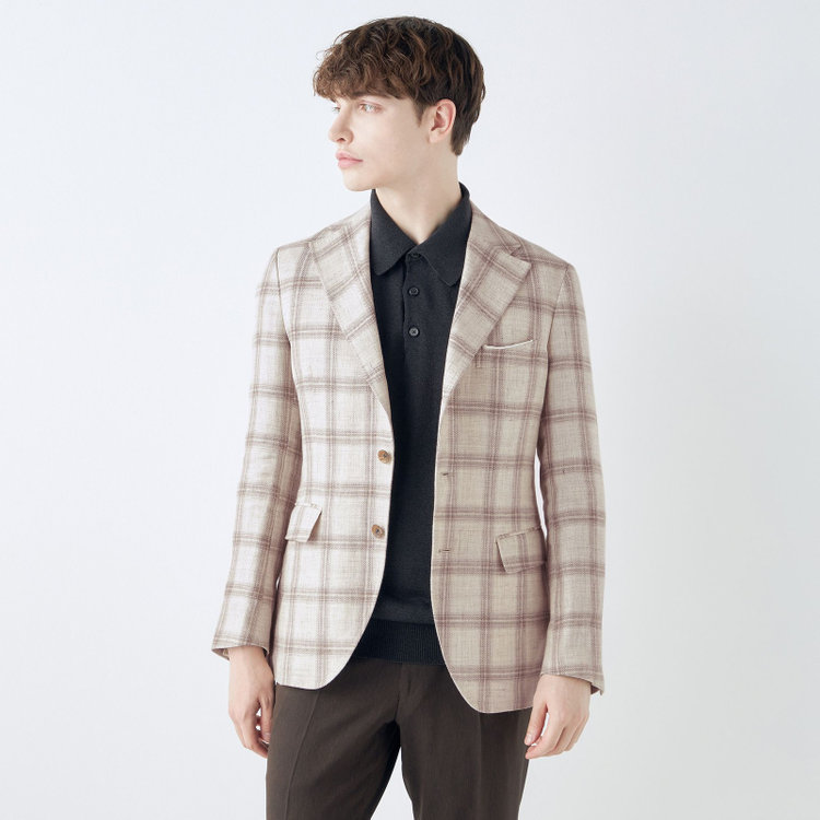 シルバーライン 【CLASSICO TAPERED】【春夏】リネンウールワイドラペル3釦段返りジャケット/ベージュ＆ブラウン×チェック/DRAGO lanificio in billa fabric made in italy 茶淡色