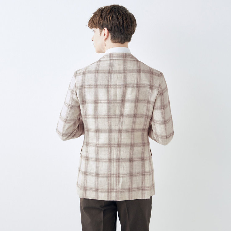 シルバーライン 【CLASSICO TAPERED】【春夏】リネンウールワイドラペル3釦段返りジャケット/ベージュ＆ブラウン×チェック/DRAGO lanificio in billa fabric made in italy 茶淡色