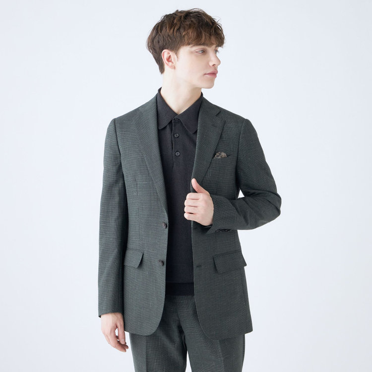 シルバーライン 【CLASSICO TAPERED】【春夏】3釦段返りシングルスーツ 2タック/カーキ×ハウンドトゥース/ウエストムーブ/NEW ZEALAND WOOL MIX/※裾上げ必要 黄淡色