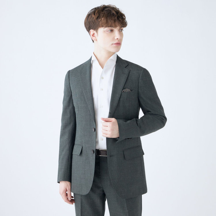 シルバーライン 【CLASSICO TAPERED】【春夏】3釦段返りシングルスーツ 2タック/カーキ×ハウンドトゥース/ウエストムーブ/NEW ZEALAND WOOL MIX/※裾上げ必要 黄淡色
