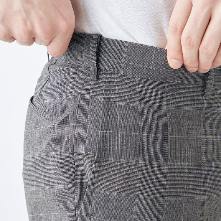 ブラックライン 【SLIM TAPERED】【春夏】0タックテーパードパンツ/グレー×チェック/ウエストムーブ/ウォッシャブル/4S SUSTAINABILITY&ECOLOGY FABRIC/※裾上げ必要 グレー中間