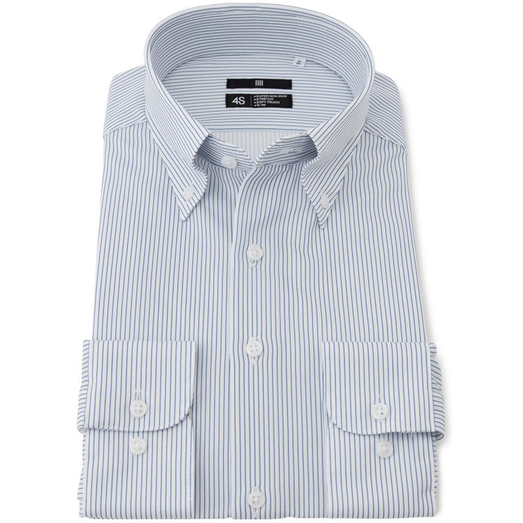 ブラックライン 【発送在庫あり】【WEB限定】【BLACK LINE】ボタンダウンワイシャツ/ホワイト×ネイビーストライプ/「4S」スーパーノンアイロン・ストレッチ 青中間