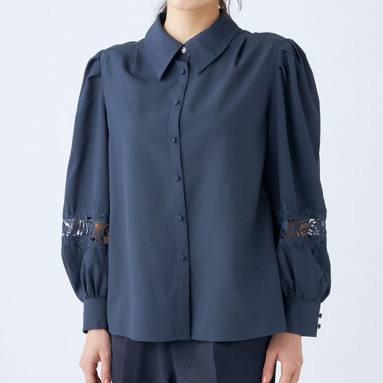 スーツセレクト 【Lady Like BLOUSE】【長袖】袖レース切替えブラウス/ダークネイビー 紺中間