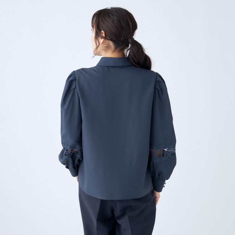スーツセレクト 【Lady Like BLOUSE】【長袖】袖レース切替えブラウス/ダークネイビー 紺中間