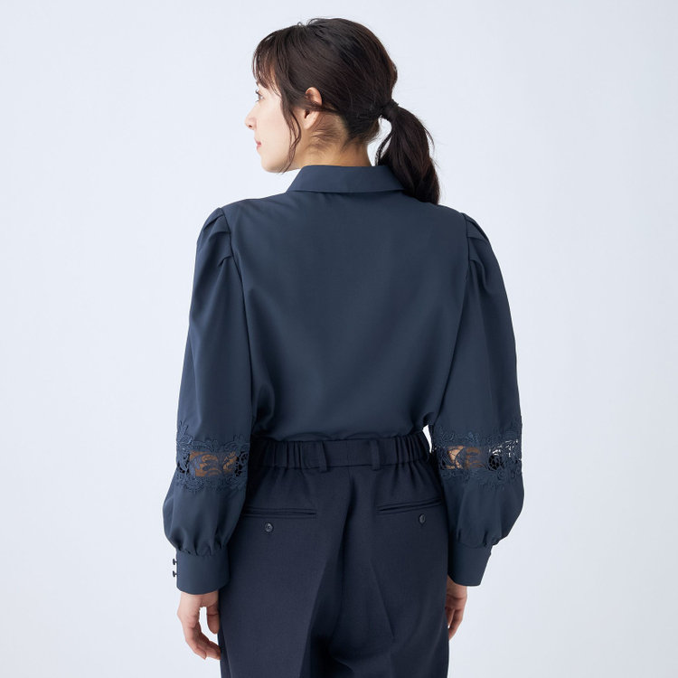 スーツセレクト 【Lady Like BLOUSE】【長袖】袖レース切替えブラウス/ダークネイビー 紺中間