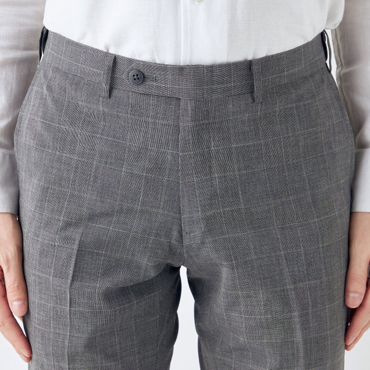ブラックライン 【SLIM TAPERED】【春夏】0タックテーパードパンツ/グレー×チェック/ウエストムーブ/ウォッシャブル/4S SUSTAINABILITY&ECOLOGY FABRIC/※裾上げ必要 グレー中間