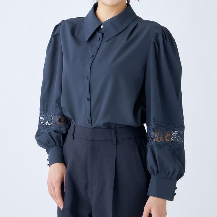 スーツセレクト 【Lady Like BLOUSE】【長袖】袖レース切替えブラウス/ダークネイビー 紺中間