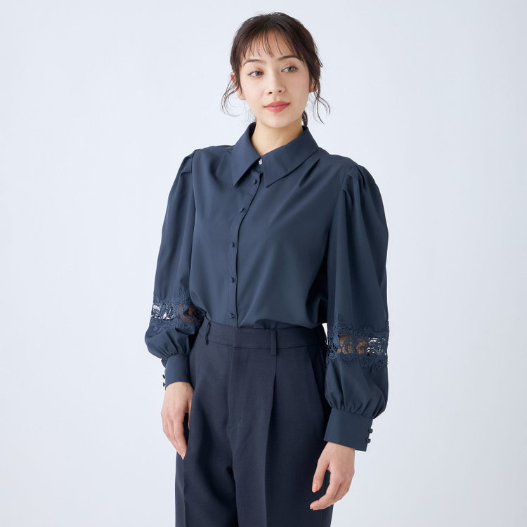 スーツセレクト 【Lady Like BLOUSE】【長袖】袖レース切替えブラウス/ダークネイビー 紺中間