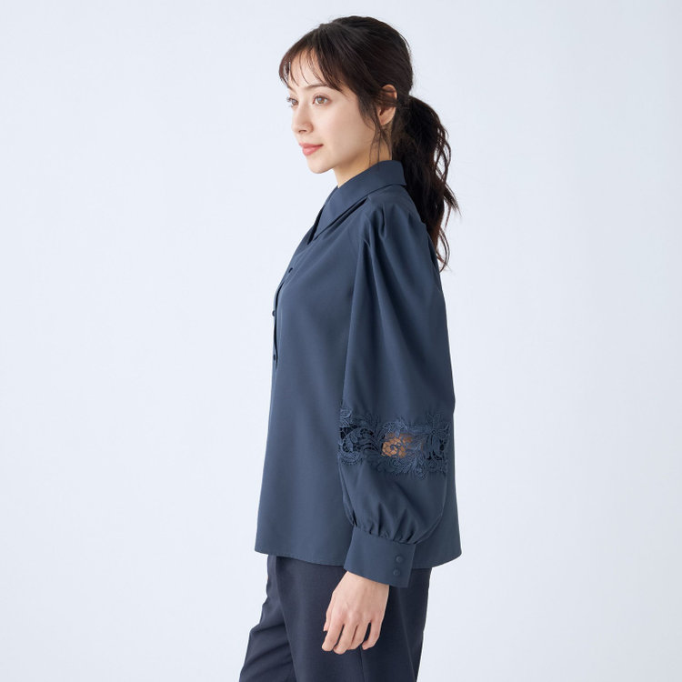 スーツセレクト 【Lady Like BLOUSE】【長袖】袖レース切替えブラウス/ダークネイビー 紺中間