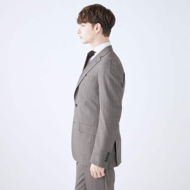 シルバーライン 【CLASSICO TAPERED】【春夏】3釦段返りシングルスーツ 2タック/グレージュ×ストライプ/ウエストムーブ/NEW ZEALAND WOOL MIX/※裾上げ必要 グレー中間