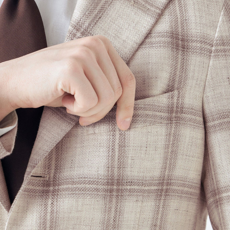 シルバーライン 【CLASSICO TAPERED】【春夏】リネンウールワイドラペル3釦段返りジャケット/ベージュ＆ブラウン×チェック/DRAGO lanificio in billa fabric made in italy 茶淡色