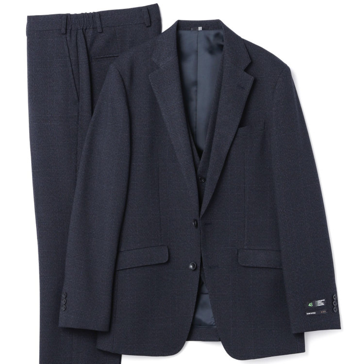 ブラックライン 【発送在庫あり】【SLIM TAPERED_2】【秋冬】2釦シングルスリーピーススーツ 0タック/ネイビー×チェック/ウエストシャーリング/4S SUSTAINABILITY&ECOLOGY FABRIC/※パンツ裾上げ済仕様 紺濃色