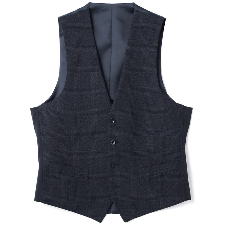 ブラックライン 【発送在庫あり】【SLIM TAPERED_2】【秋冬】2釦シングルスリーピーススーツ 0タック/ネイビー×チェック/ウエストシャーリング/4S SUSTAINABILITY&ECOLOGY FABRIC/※パンツ裾上げ済仕様 紺濃色