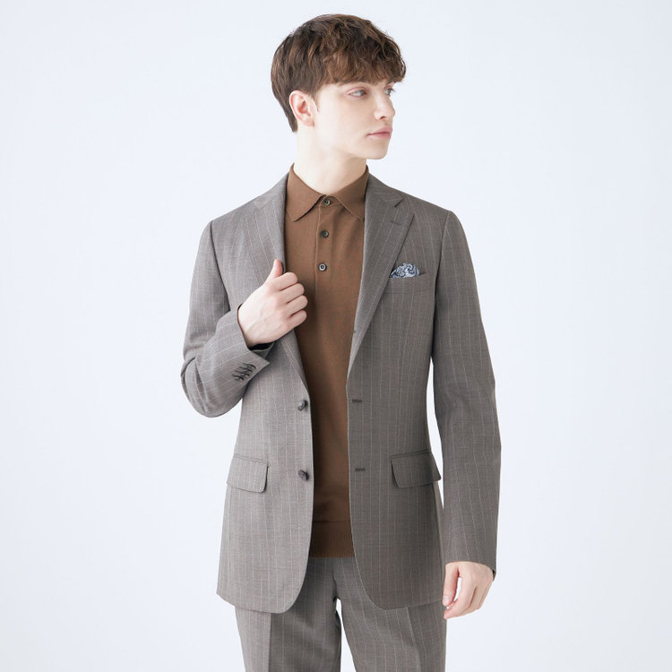 シルバーライン 【CLASSICO TAPERED】【春夏】3釦段返りシングルスーツ 2タック/グレージュ×ストライプ/ウエストムーブ/NEW ZEALAND WOOL MIX/※裾上げ必要 グレー中間
