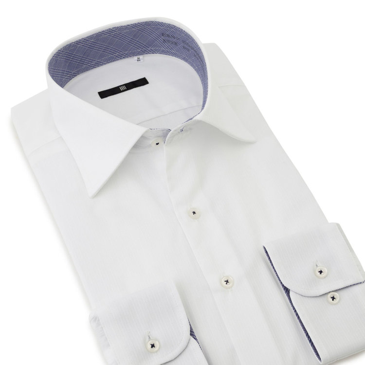 ブラックライン 【発送在庫あり】【BLACK LINE】【形態安定】ワイドカラードレスワイシャツ/ホワイト×ドビーストライプ/襟袖裏別布：ネイビー×チェック/釦付糸：ネイビー 白