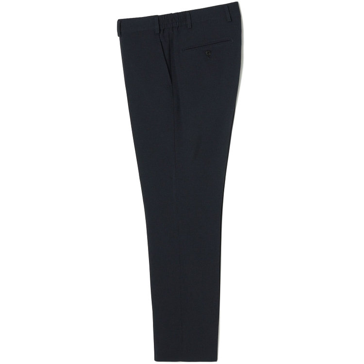 ブラックライン 【SLIM TAPERED_2】【春夏】2釦シングルスリーピーススーツ 0タック/ネイビー×チェック/ウエストシャーリング/4S SUSTAINABILITY&ECOLOGY FABRIC/※パンツ裾上げ済仕様 紺濃色