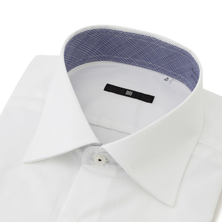 ブラックライン 【発送在庫あり】【BLACK LINE】【形態安定】ワイドカラードレスワイシャツ/ホワイト×ドビーストライプ/襟袖裏別布：ネイビー×チェック/釦付糸：ネイビー 白