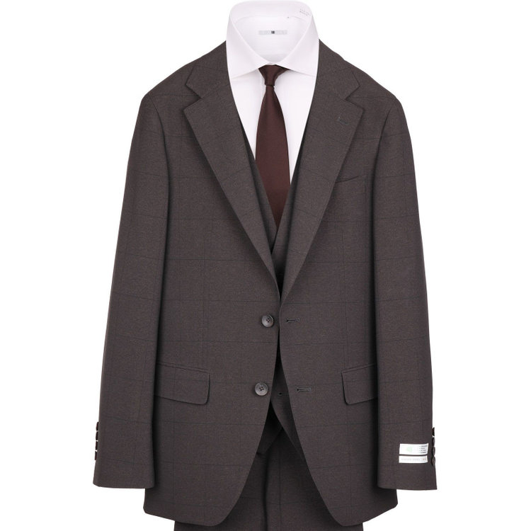 スーツセレクト 【発送在庫あり】【CLASSICO TAPERED】【春夏】2釦シングルスリーピーススーツ 1タック/ブラウン×ウィンドペン/ウエストムーブ/4S SUSTAINABILITY&ECOLOGY FABRIC/※パンツ裾上げ済仕様 ブラウン系(茶)